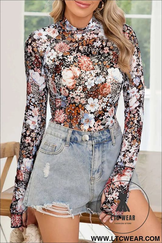 Brown Floral Print Mesh Mock Neck Slim Top