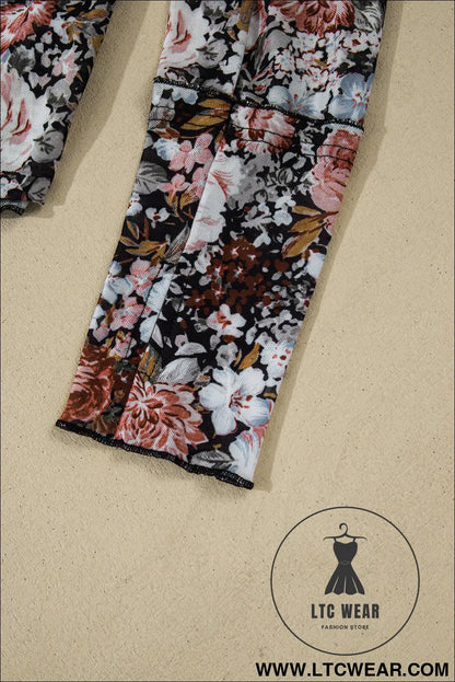 Brown Floral Print Mesh Mock Neck Slim Top - L.T.C Wear Online Fashion Store