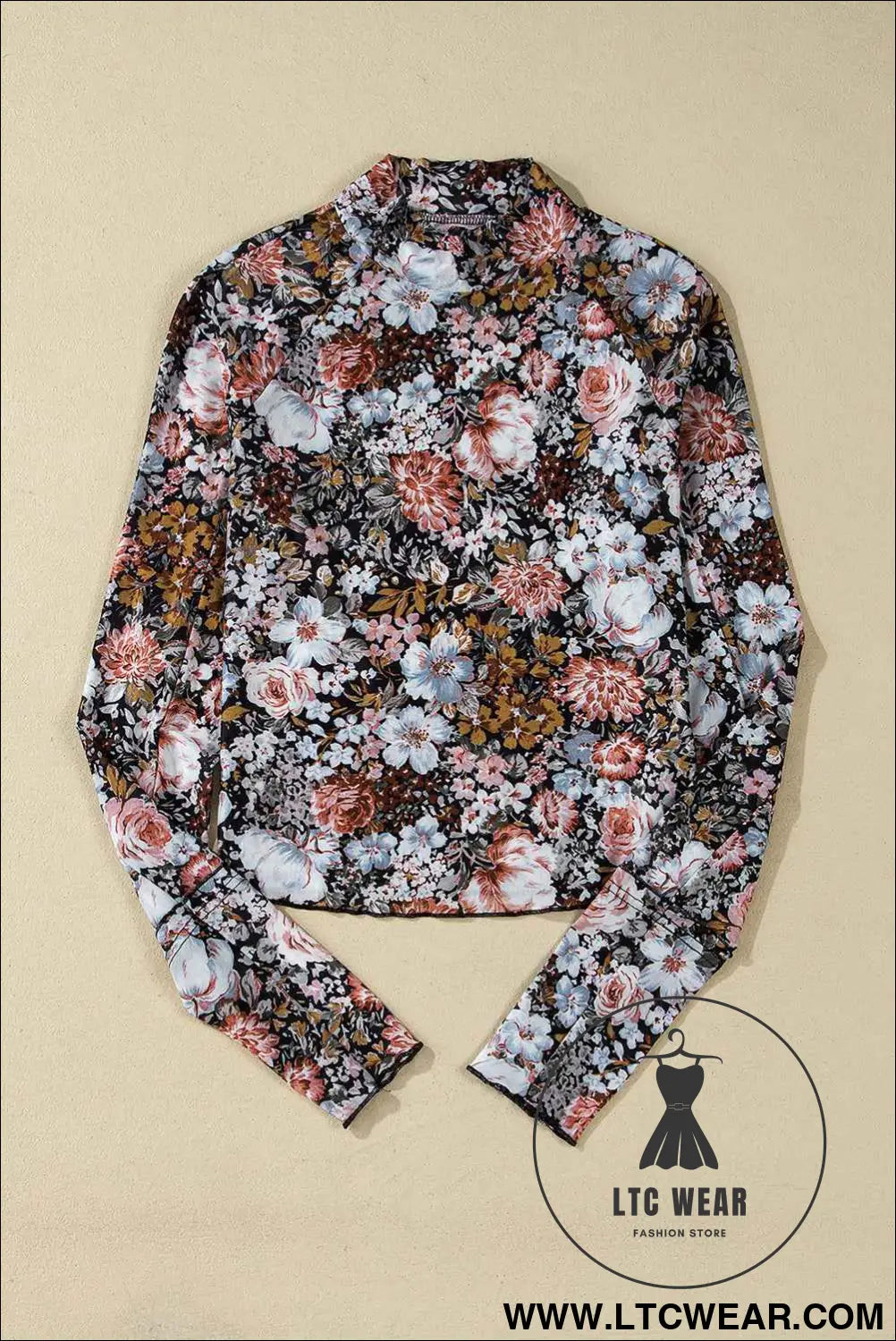 Brown Floral Print Mesh Mock Neck Slim Top