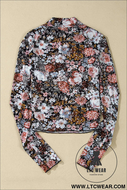 Brown Floral Print Mesh Mock Neck Slim Top - L.T.C Wear Online Fashion Store