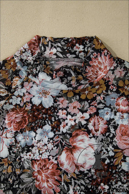 Brown Floral Print Mesh Mock Neck Slim Top - L.T.C Wear Online Fashion Store
