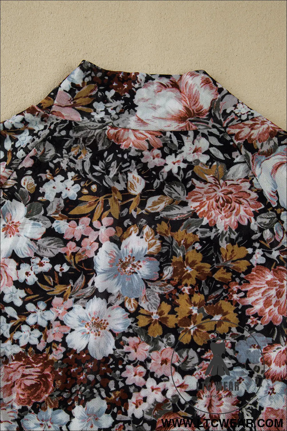 Brown Floral Print Mesh Mock Neck Slim Top - L.T.C Wear Online Fashion Store