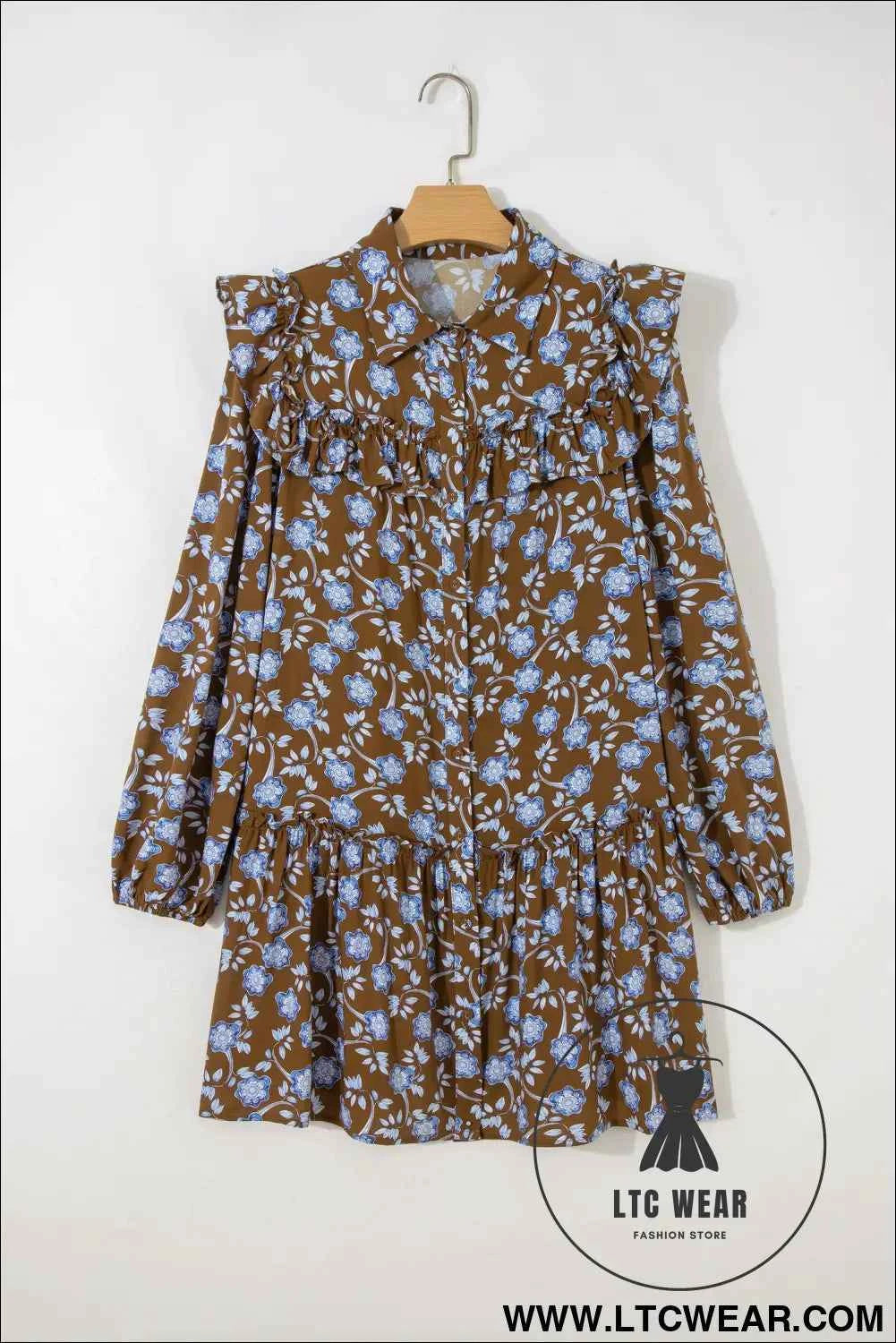 Brown Floral Print Ruffled Detail Shirt Collar Button Down Long Sleeve Dress