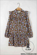 Brown Floral Print Ruffled Detail Shirt Collar Button Down Long Sleeve Dress