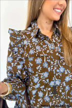Brown Floral Print Ruffled Detail Shirt Collar Button Down Long Sleeve Dress