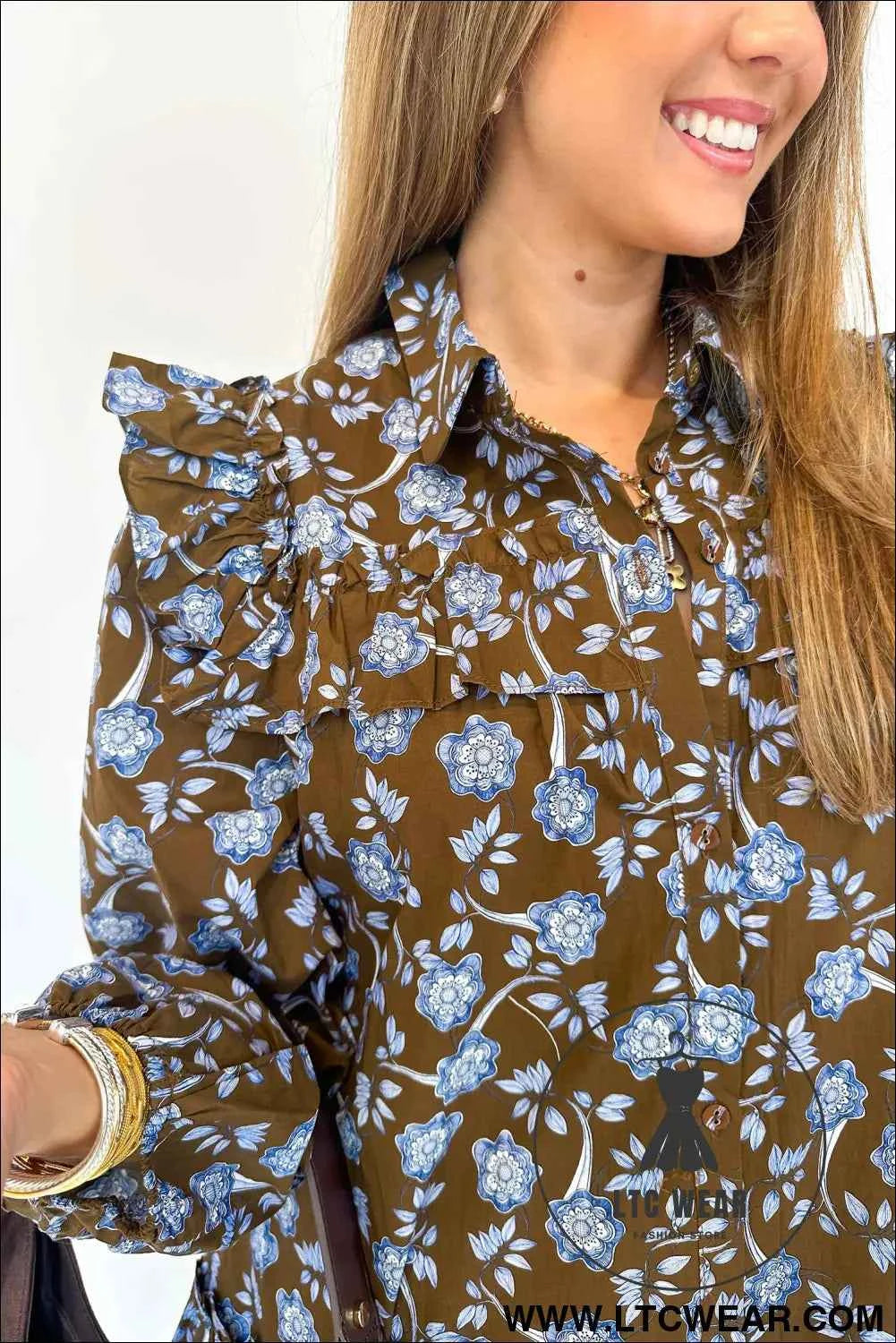 Brown Floral Print Ruffled Detail Shirt Collar Button Down Long Sleeve Dress