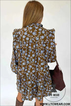 Brown Floral Print Ruffled Detail Shirt Collar Button Down Long Sleeve Dress