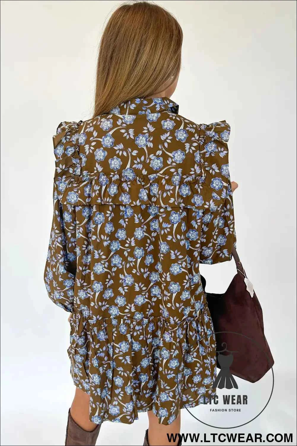 Brown Floral Print Ruffled Detail Shirt Collar Button Down Long Sleeve Dress