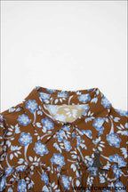 Brown Floral Print Ruffled Detail Shirt Collar Button Down Long Sleeve Dress