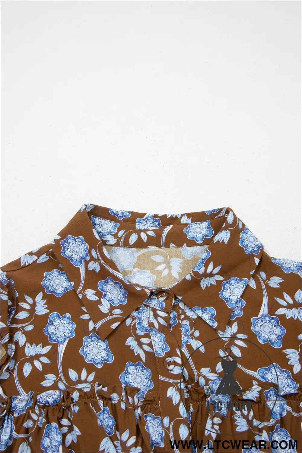Brown Floral Print Ruffled Detail Shirt Collar Button Down Long Sleeve Dress