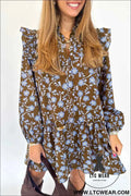 Brown Floral Print Ruffled Detail Shirt Collar Button Down Long Sleeve Dress