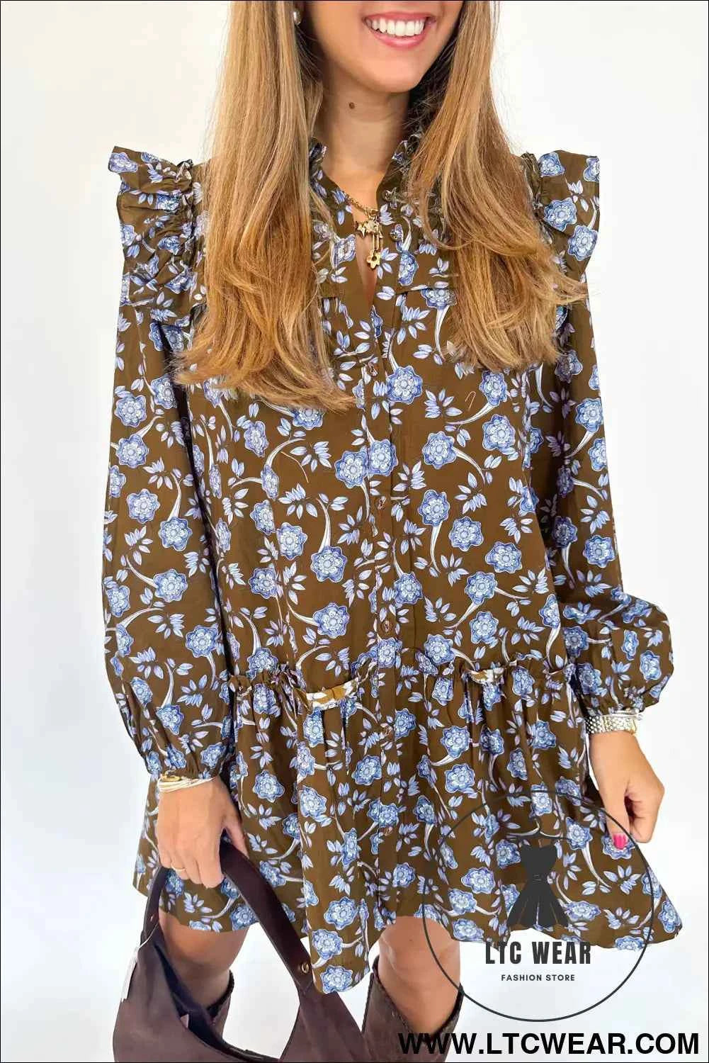 Brown Floral Print Ruffled Detail Shirt Collar Button Down Long Sleeve Dress