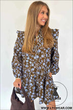 Brown Floral Print Ruffled Detail Shirt Collar Button Down Long Sleeve Dress