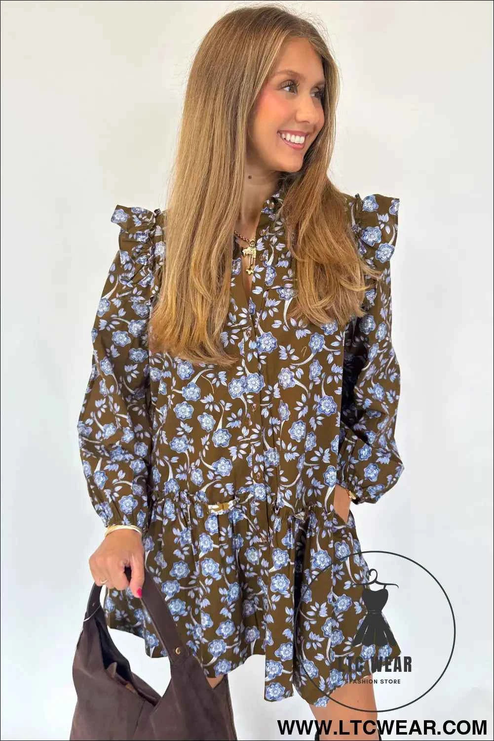 Brown Floral Print Ruffled Detail Shirt Collar Button Down Long Sleeve Dress
