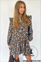 Brown Floral Print Ruffled Detail Shirt Collar Button Down Long Sleeve Dress