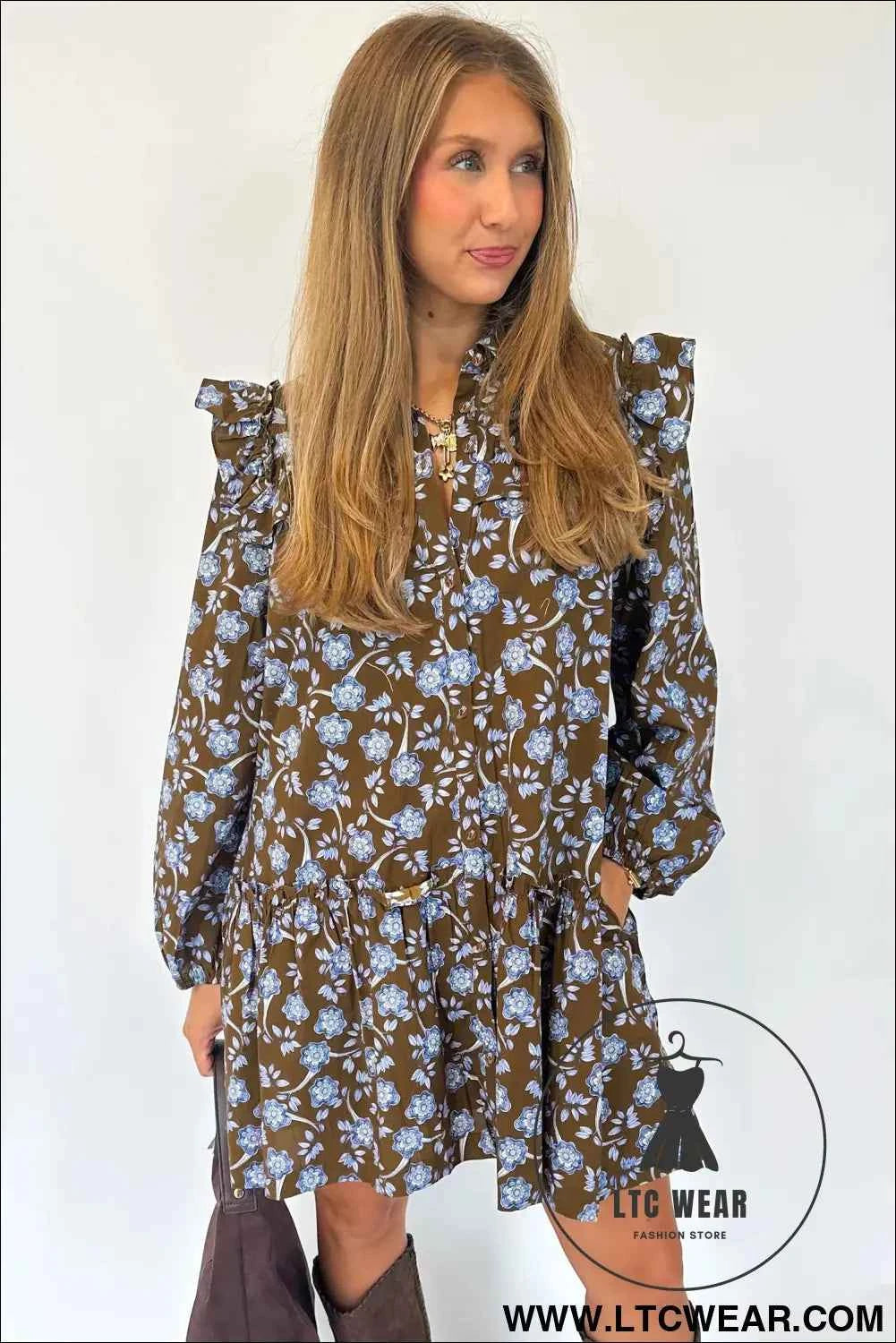 Brown Floral Print Ruffled Detail Shirt Collar Button Down Long Sleeve Dress
