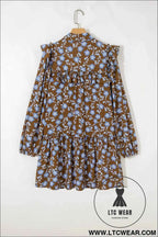 Brown Floral Print Ruffled Detail Shirt Collar Button Down Long Sleeve Dress