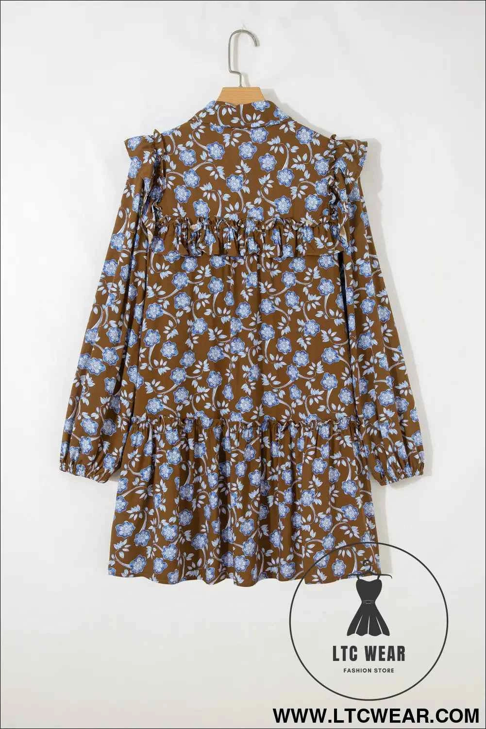 Brown Floral Print Ruffled Detail Shirt Collar Button Down Long Sleeve Dress