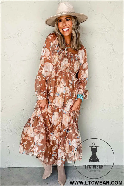 Brown Floral Print Shirred Square Neck High Waist Maxi Dress