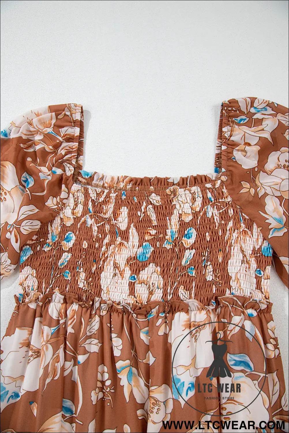 Brown Floral Print Shirred Square Neck High Waist Maxi Dress - L.T.C Wear Online Fashion Store