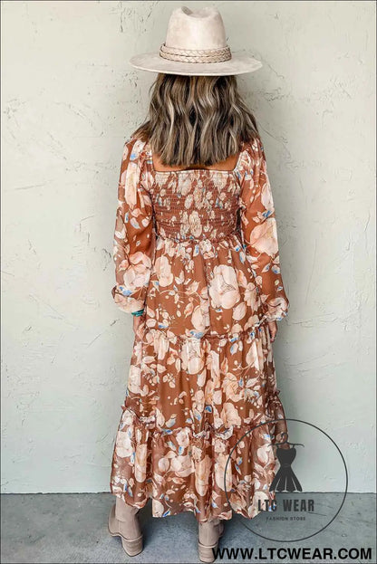 Brown Floral Print Shirred Square Neck High Waist Maxi Dress