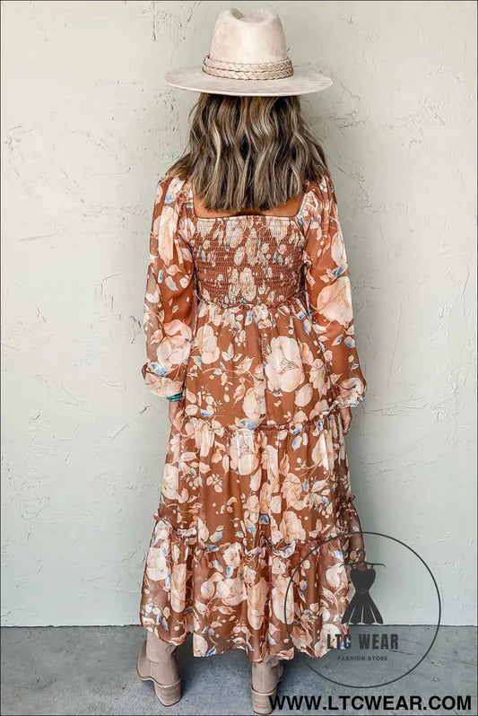 Brown Floral Print Shirred Square Neck High Waist Maxi Dress