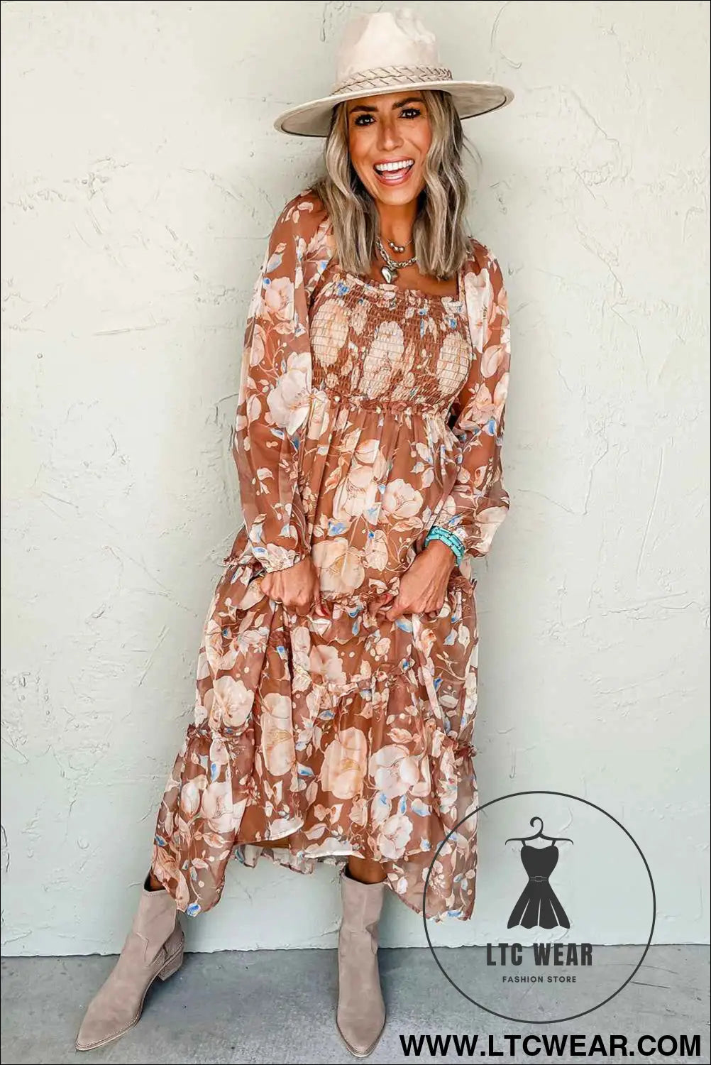 Brown Floral Print Shirred Square Neck High Waist Maxi Dress