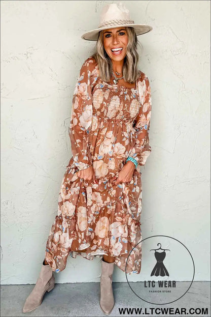 Brown Floral Print Shirred Square Neck High Waist Maxi Dress