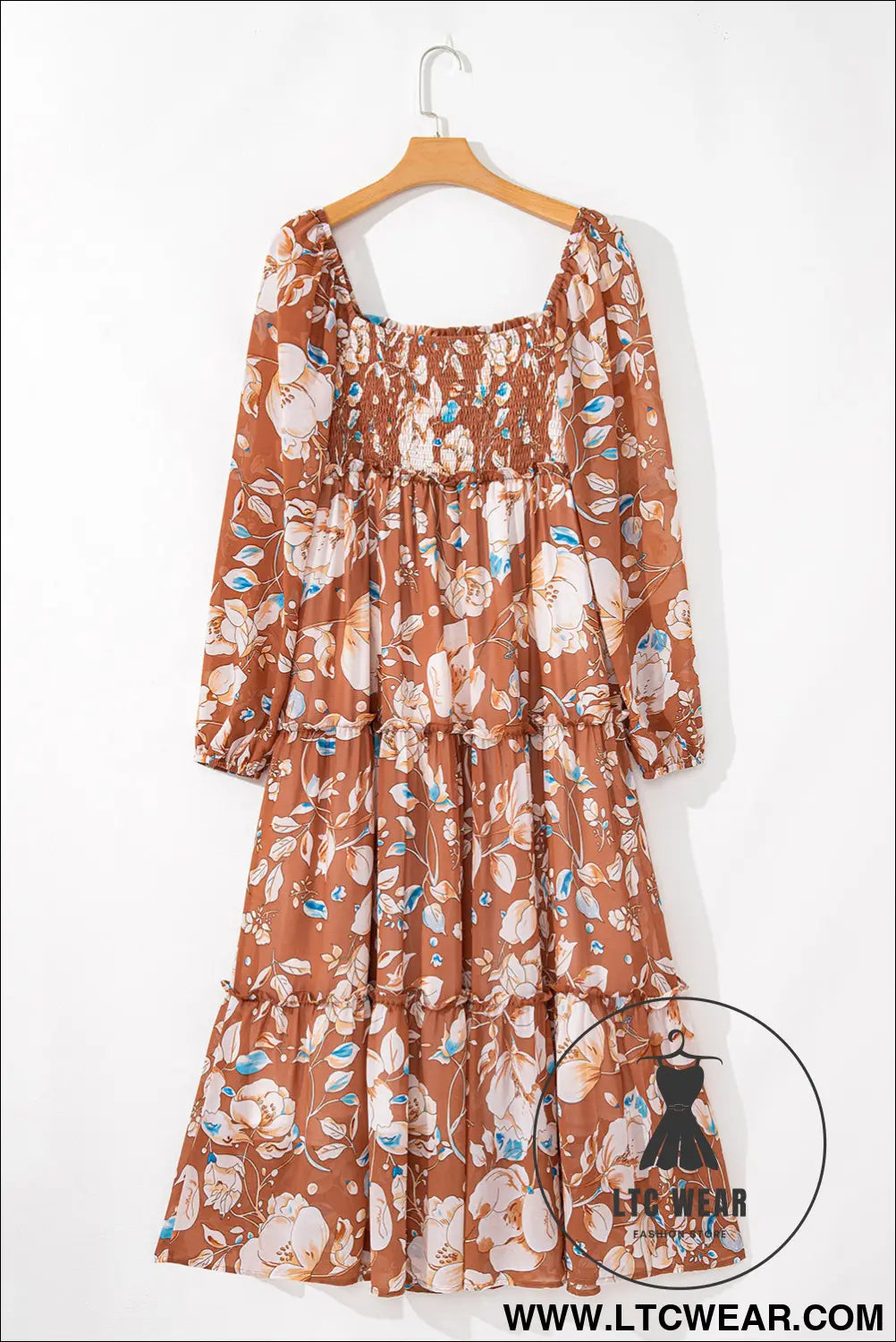 Brown Floral Print Shirred Square Neck High Waist Maxi Dress - L.T.C Wear Online Fashion Store