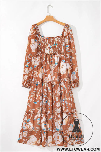 Brown Floral Print Shirred Square Neck High Waist Maxi Dress - L.T.C Wear Online Fashion Store