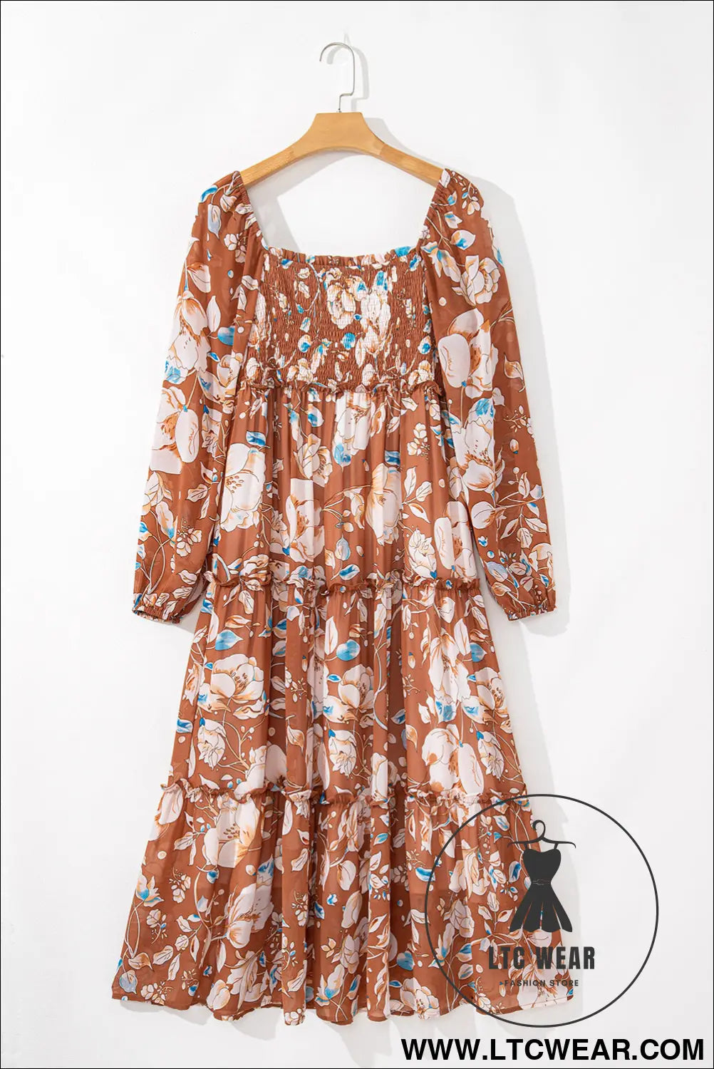 Brown Floral Print Shirred Square Neck High Waist Maxi Dress - L.T.C Wear Online Fashion Store