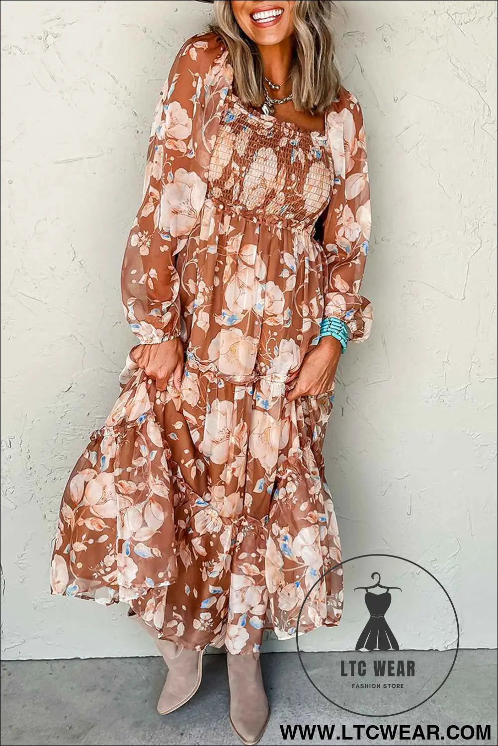 Brown Floral Print Shirred Square Neck High Waist Maxi Dress