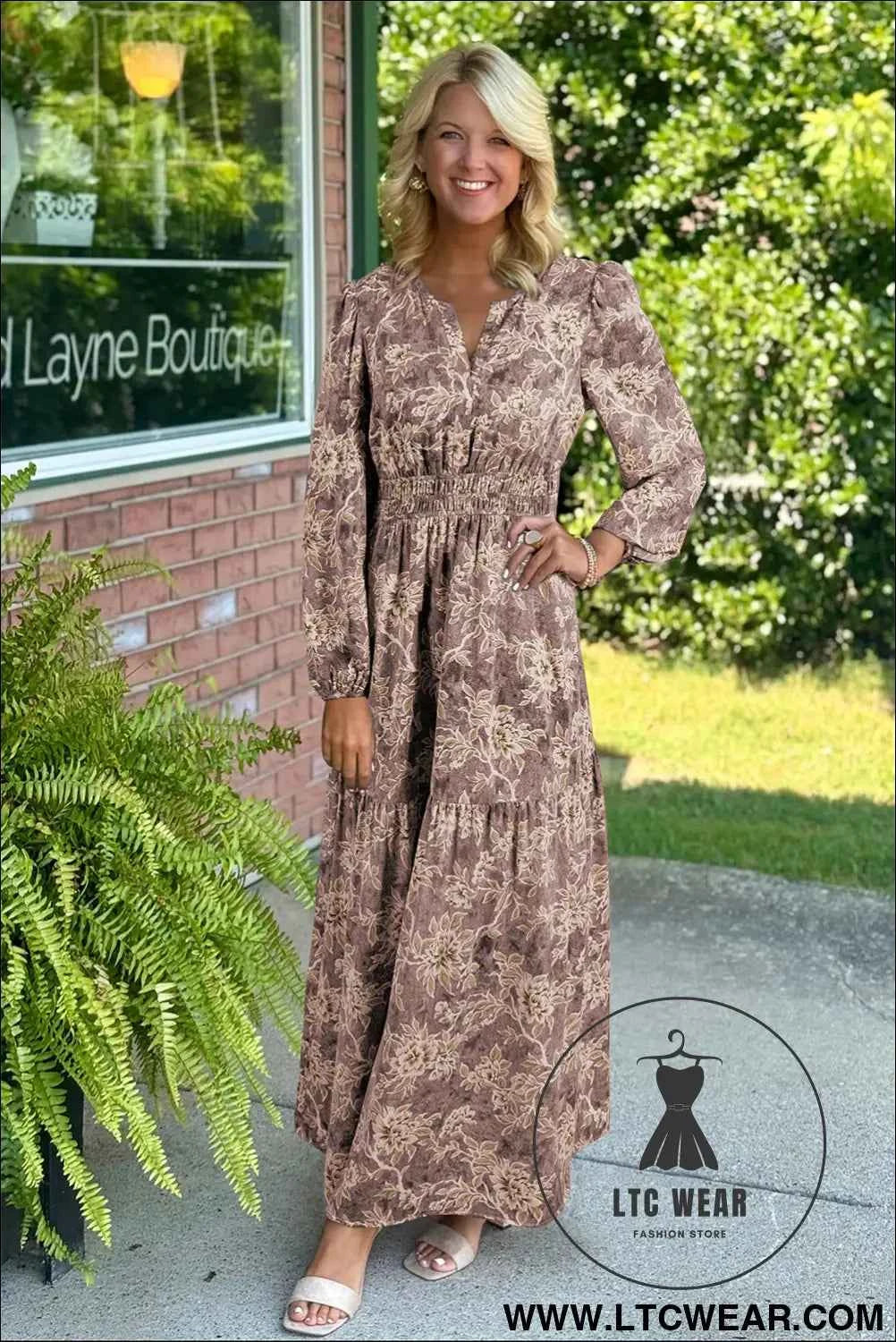 Brown Floral Print Smocked High Waist Long Sleeve Maxi Dress