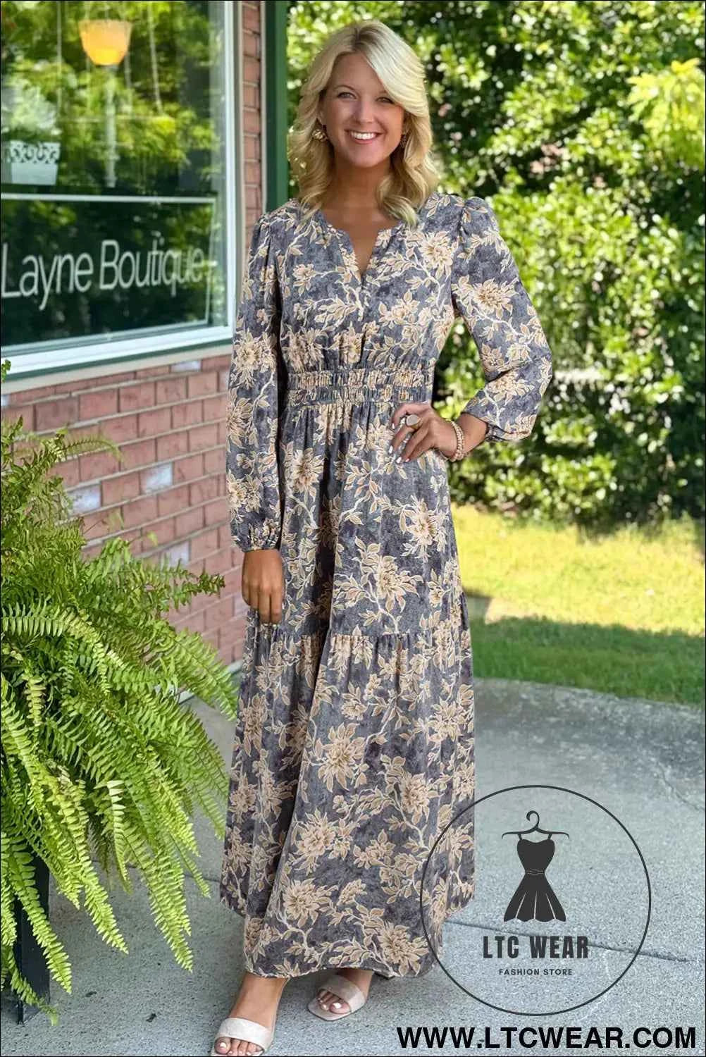 Brown Floral Print Smocked High Waist Long Sleeve Maxi Dress