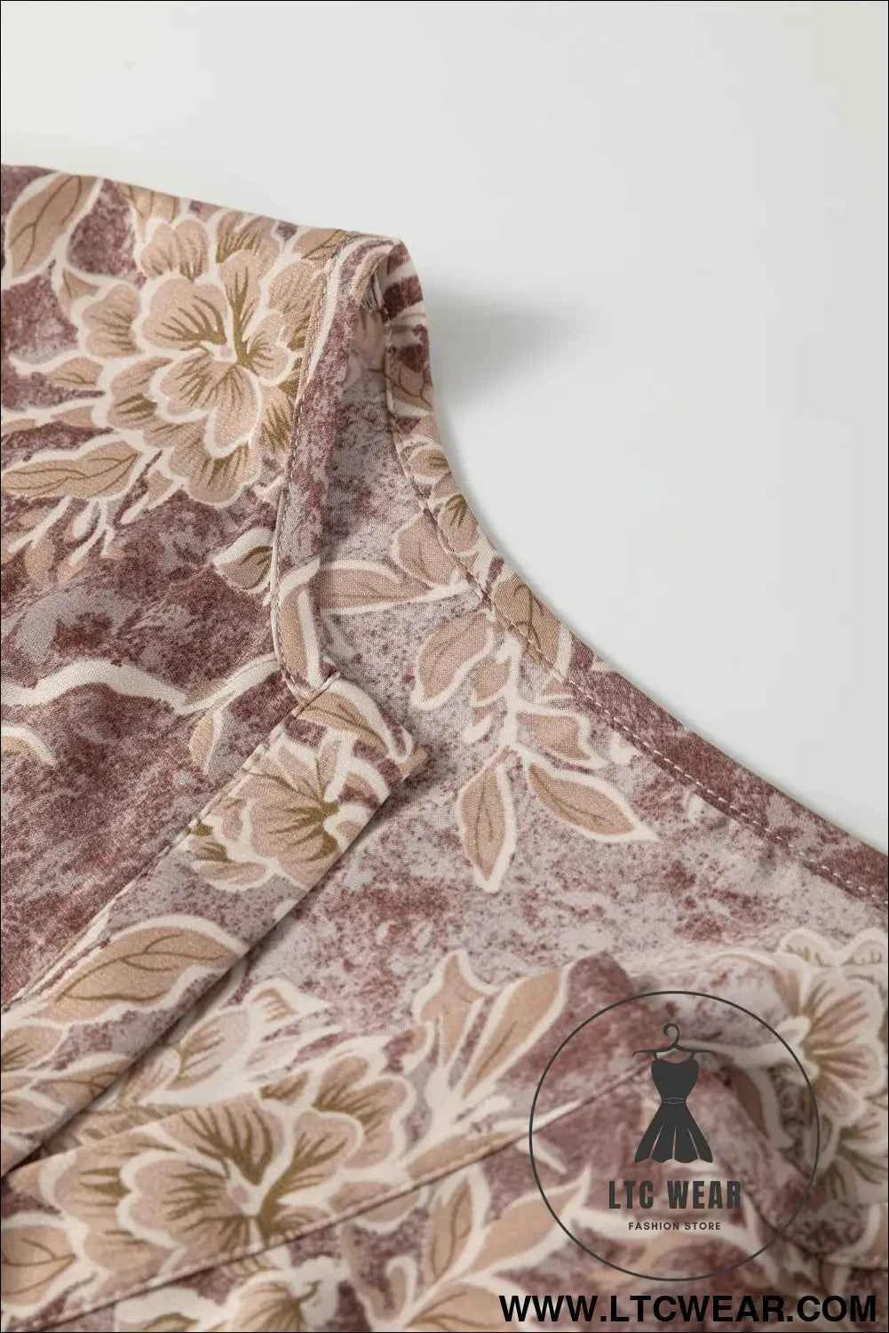 Brown Floral Print Smocked High Waist Long Sleeve Maxi Dress