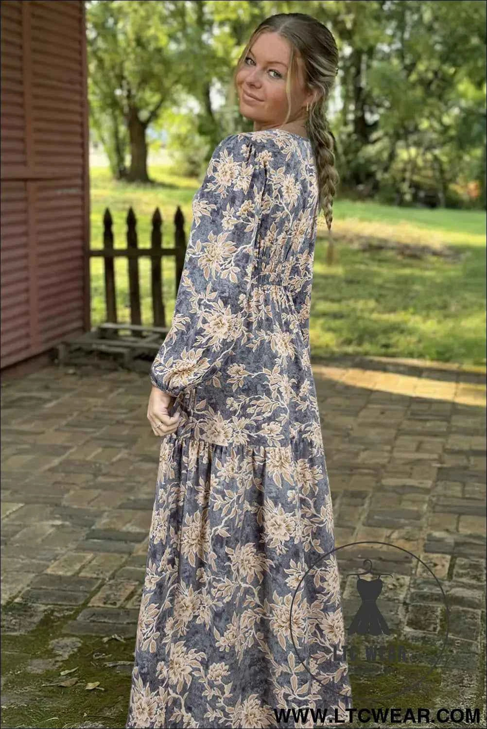 Brown Floral Print Smocked High Waist Long Sleeve Maxi Dress