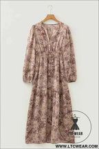 Brown Floral Print Smocked High Waist Long Sleeve Maxi Dress