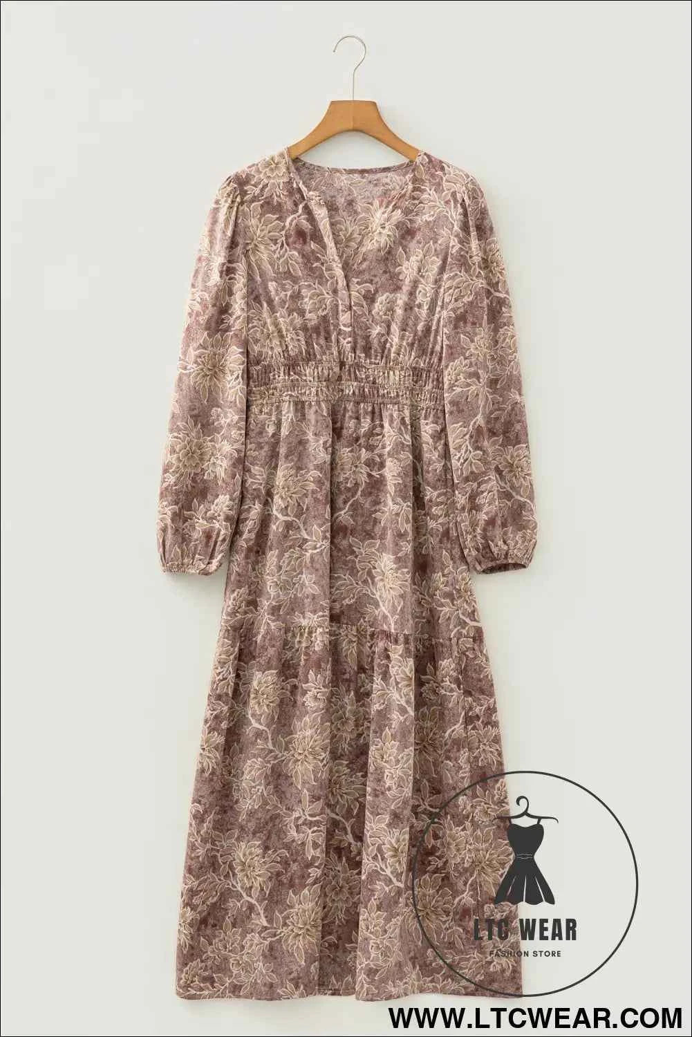 Brown Floral Print Smocked High Waist Long Sleeve Maxi Dress