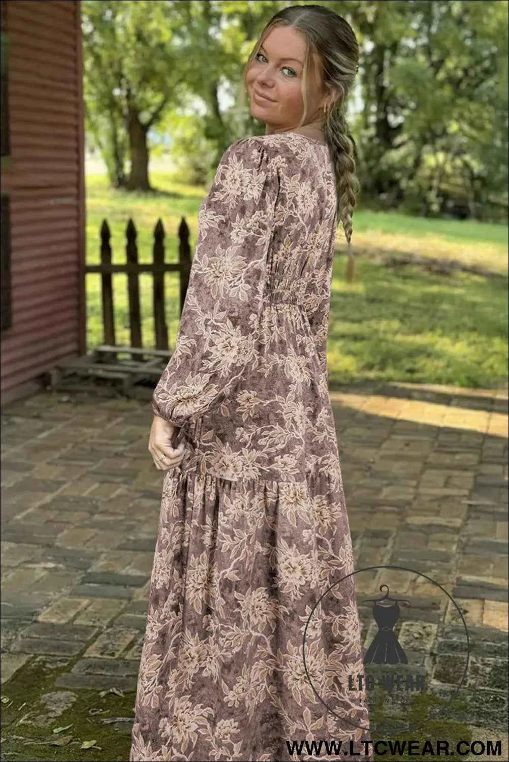 Brown Floral Print Smocked High Waist Long Sleeve Maxi Dress