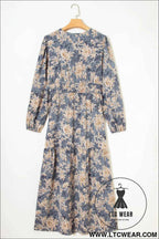 Brown Floral Print Smocked High Waist Long Sleeve Maxi Dress