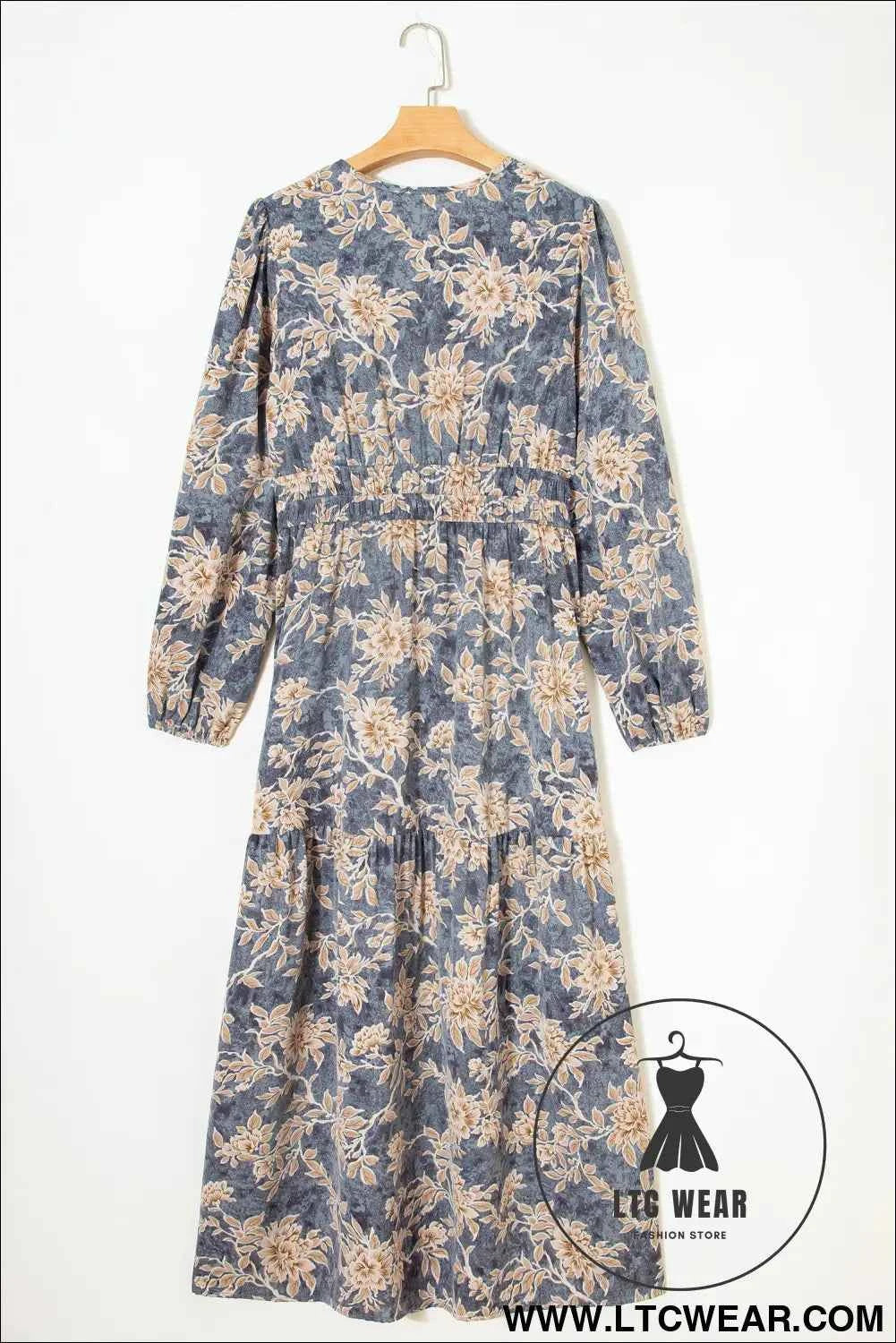 Brown Floral Print Smocked High Waist Long Sleeve Maxi Dress