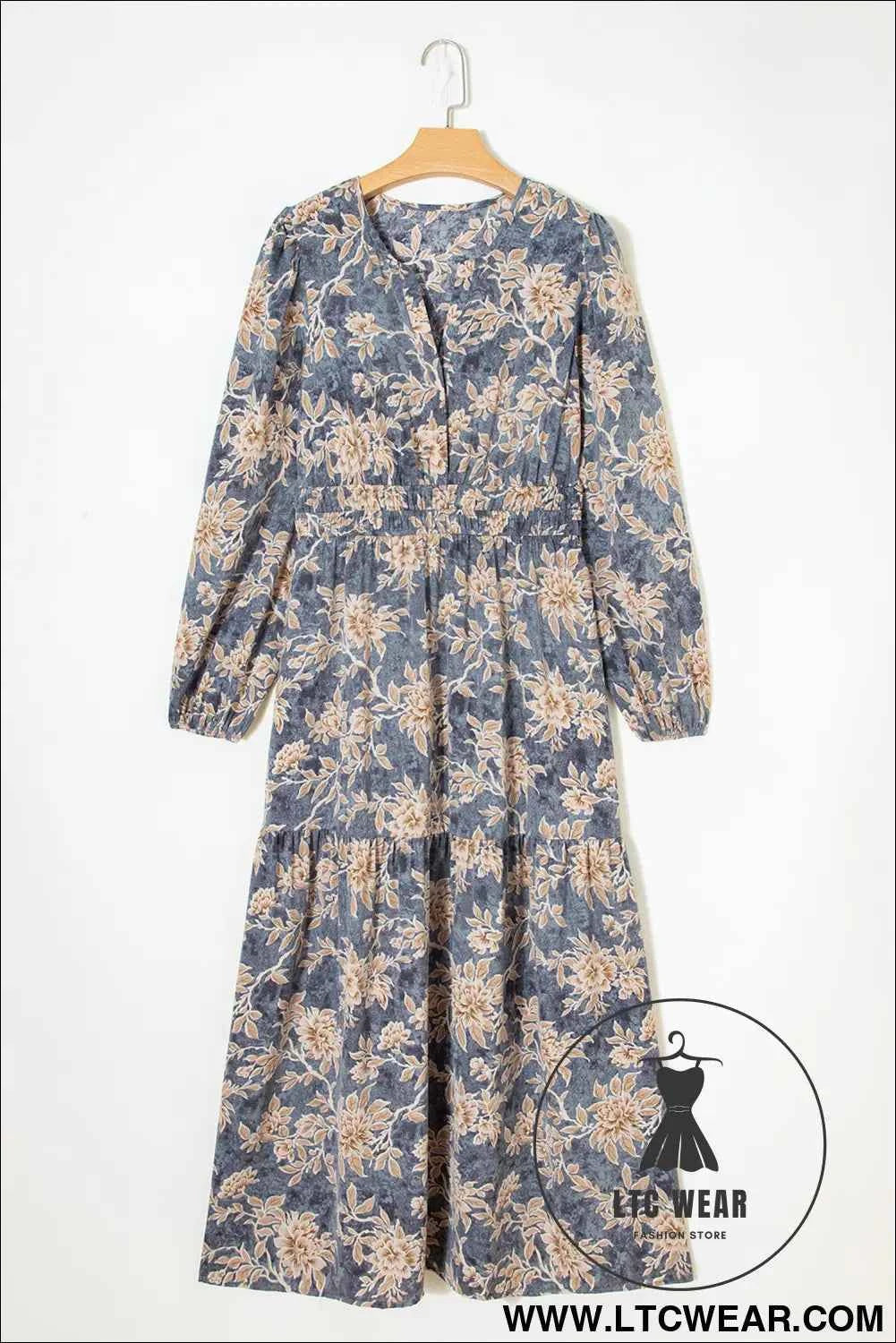 Brown Floral Print Smocked High Waist Long Sleeve Maxi Dress