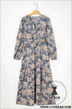 Brown Floral Print Smocked High Waist Long Sleeve Maxi Dress