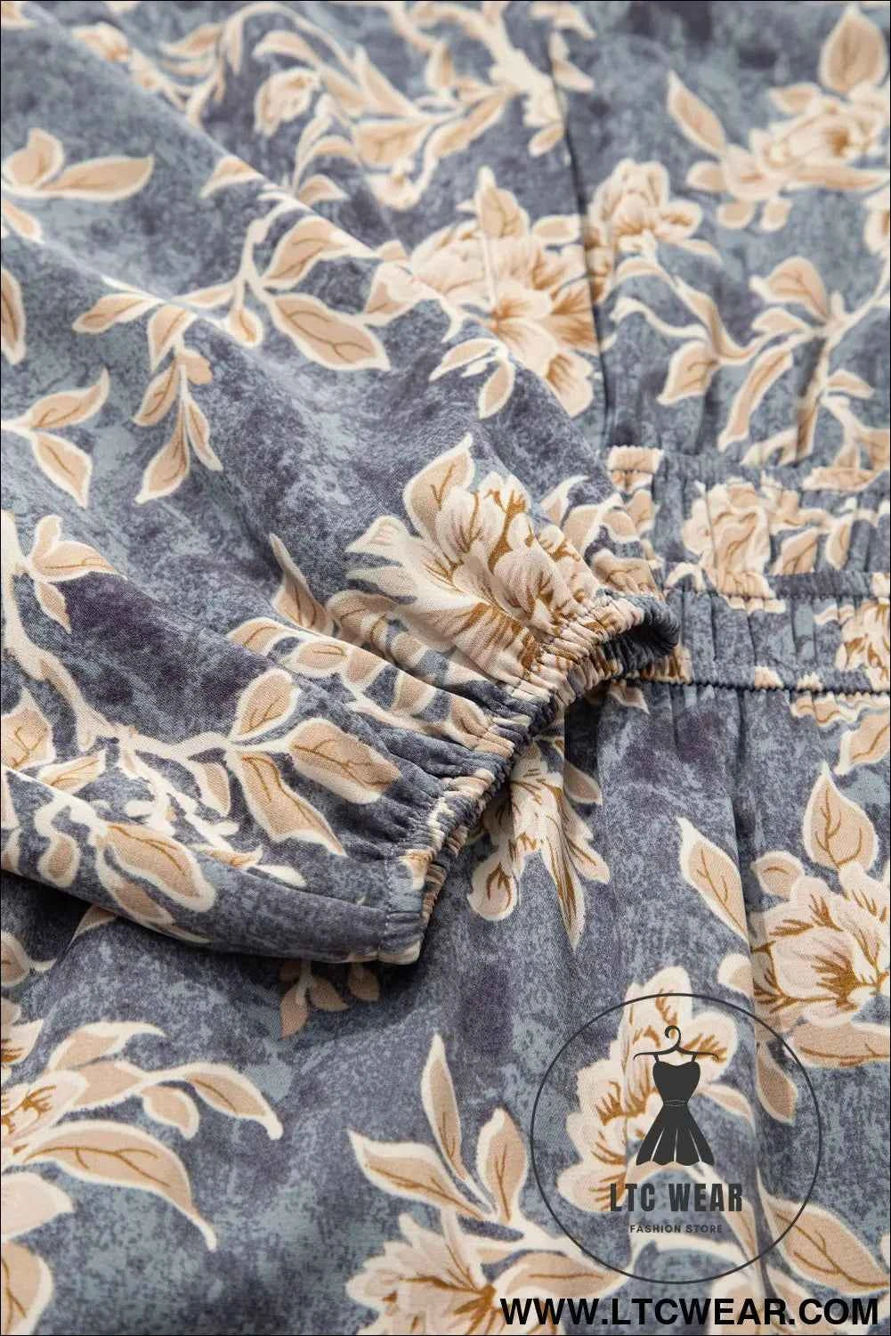 Brown Floral Print Smocked High Waist Long Sleeve Maxi Dress