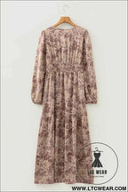 Brown Floral Print Smocked High Waist Long Sleeve Maxi Dress