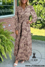 Brown Floral Print Smocked High Waist Long Sleeve Maxi Dress