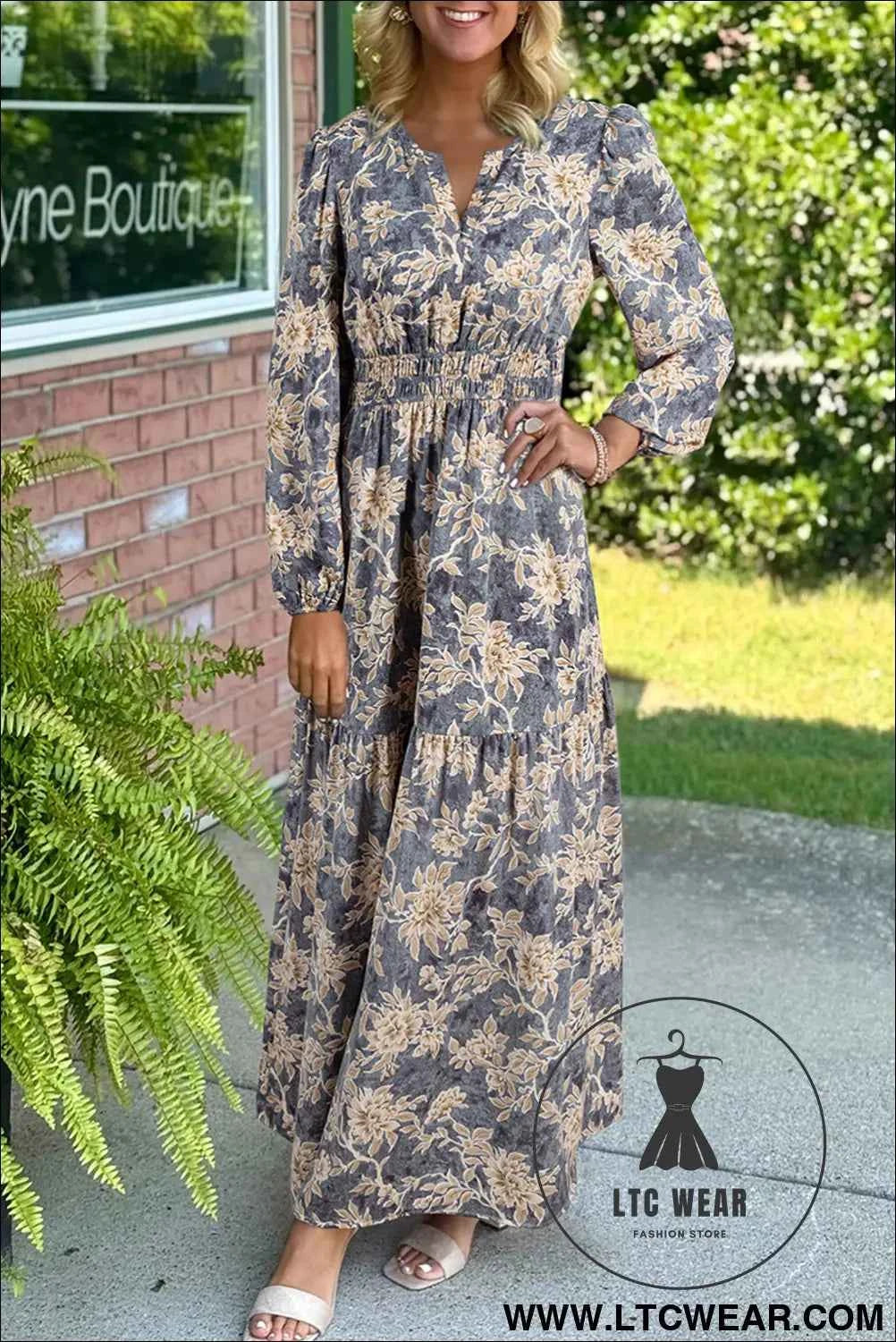 Brown Floral Print Smocked High Waist Long Sleeve Maxi Dress