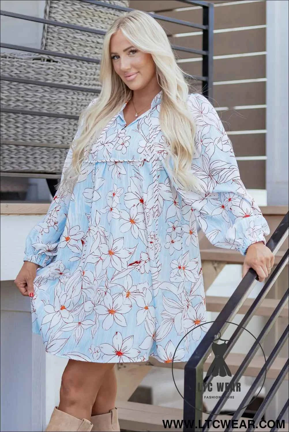 Brown Floral Print Tie Neck 3/4 Sleeve Mini Dress