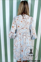 Brown Floral Print Tie Neck 3/4 Sleeve Mini Dress