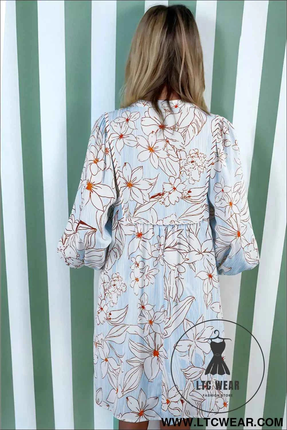 Brown Floral Print Tie Neck 3/4 Sleeve Mini Dress